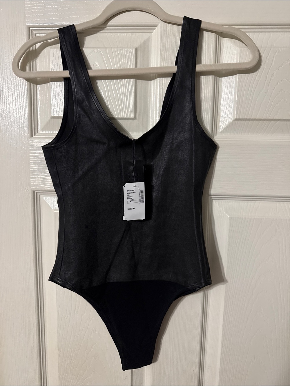 SPRWMN 100% Lamb Leather Black V-Neck Bodysuit - Contemporary Sleek Fit